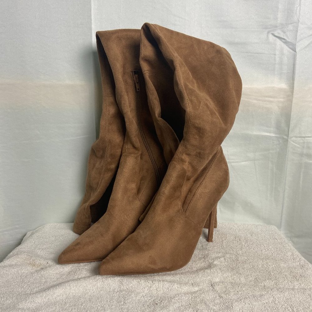 forever 21 size 10 light brown suede thigh high pointed toe stiletto boots